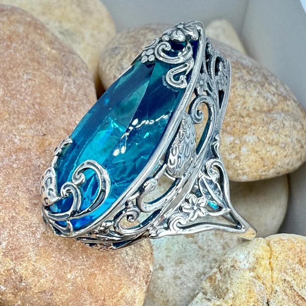 Bali Legacy Caribbean Quartz Peacock Ring 26.25ct Sterling Silver Size 9 NWT - Picture 7 of 17